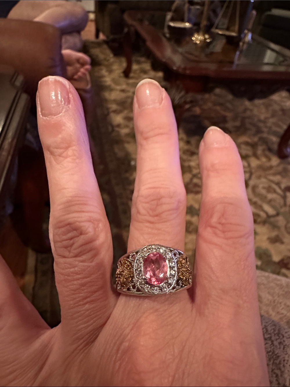 Sterling Silver Pink and Gold Gemstone Ring size 8
